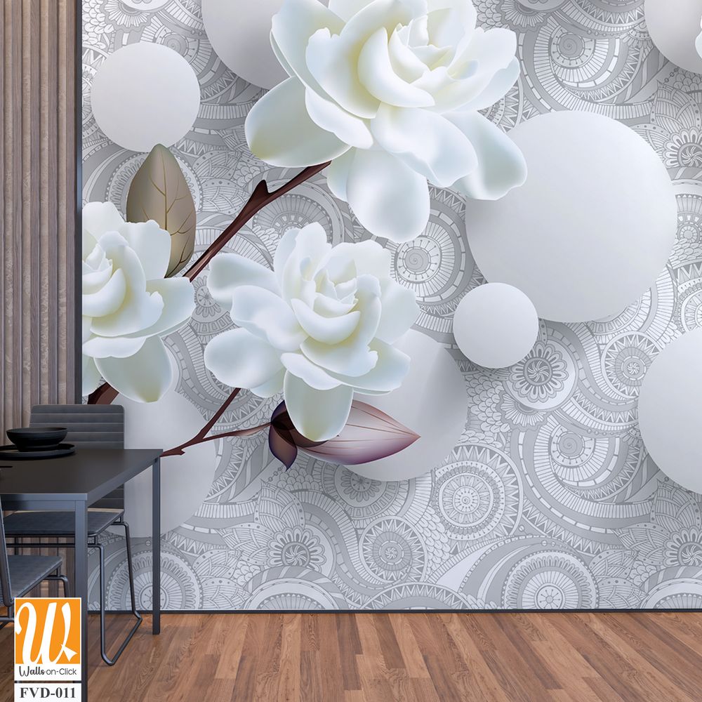 3D wallpaper featuring white roses and gardenias [WP-FVD-011]