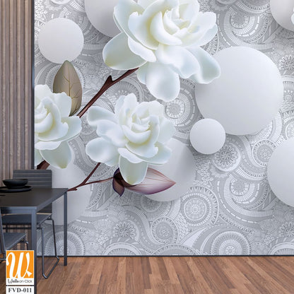 3D wallpaper featuring white roses and gardenias [WP-FVD-011]