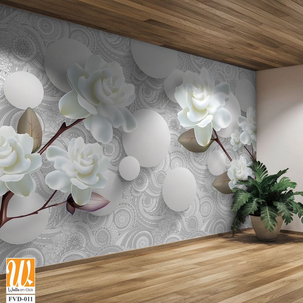 3D wallpaper featuring white roses and gardenias [WP-FVD-011]