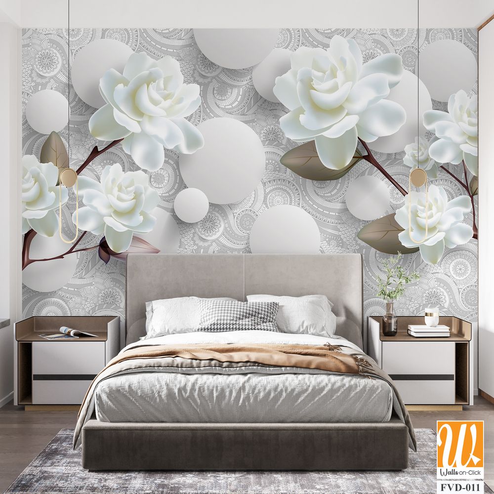 3D wallpaper featuring white roses and gardenias [WP-FVD-011]