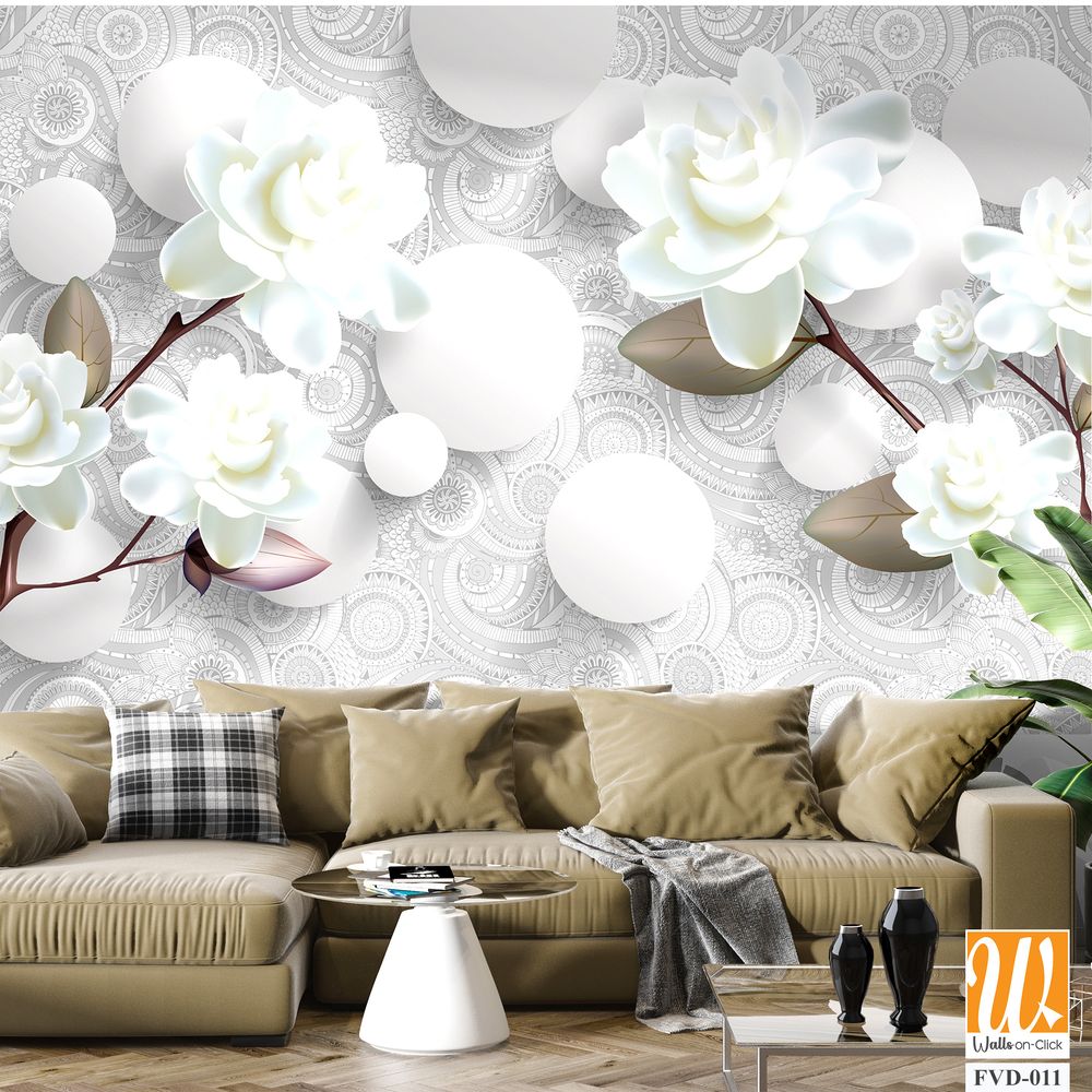 3D wallpaper featuring white roses and gardenias [WP-FVD-011]