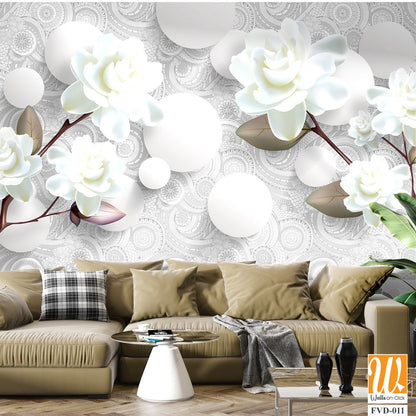 3D wallpaper featuring white roses and gardenias [WP-FVD-011]