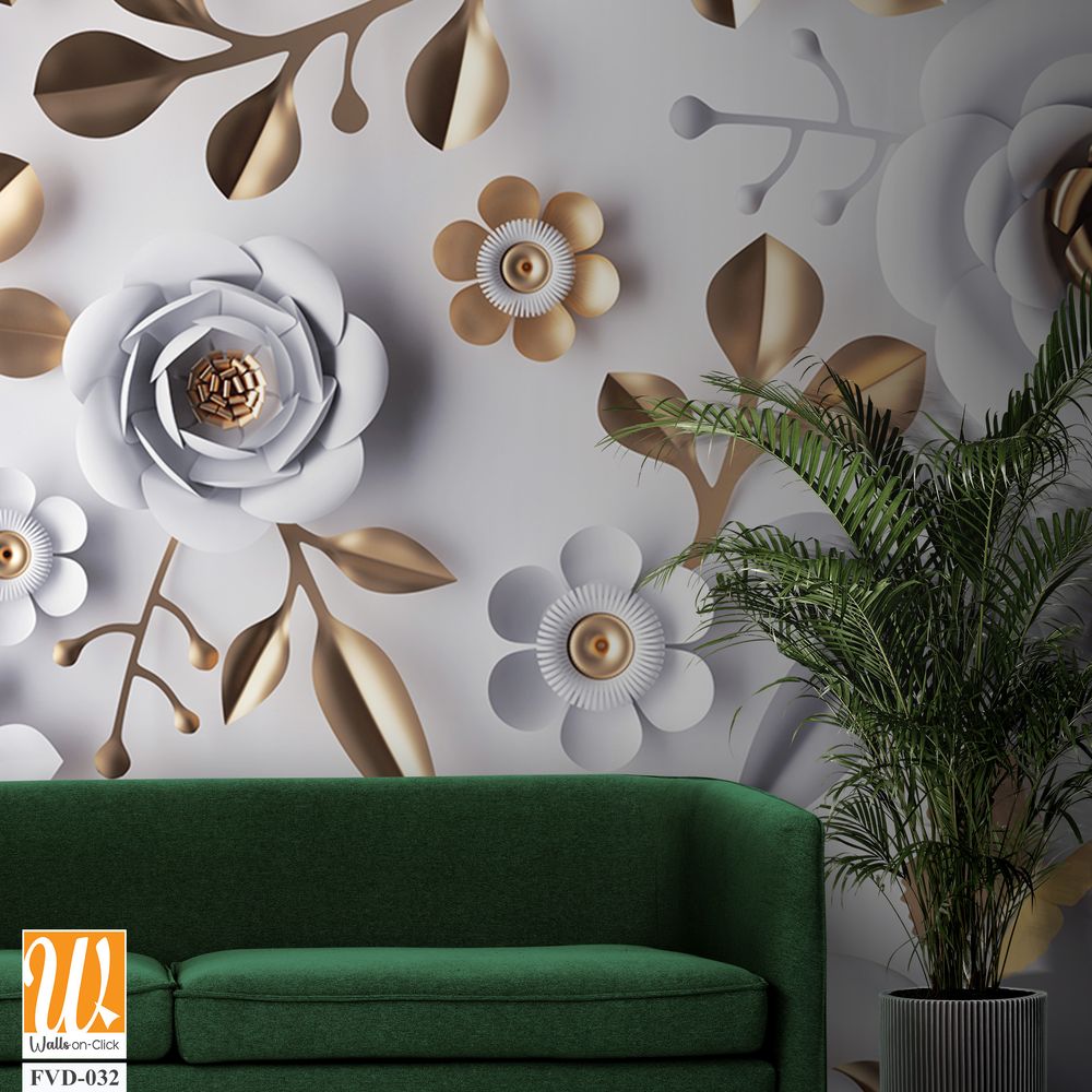 3D paper-cut style white and gold floral wall mural [WP-FVD-032]