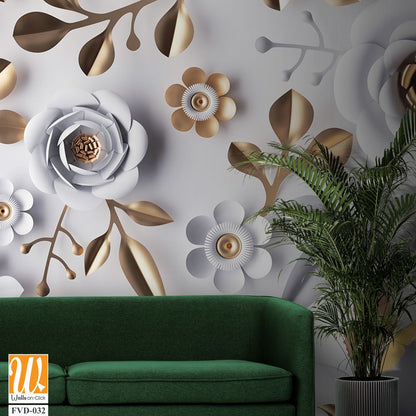 3D paper-cut style white and gold floral wall mural [WP-FVD-032]