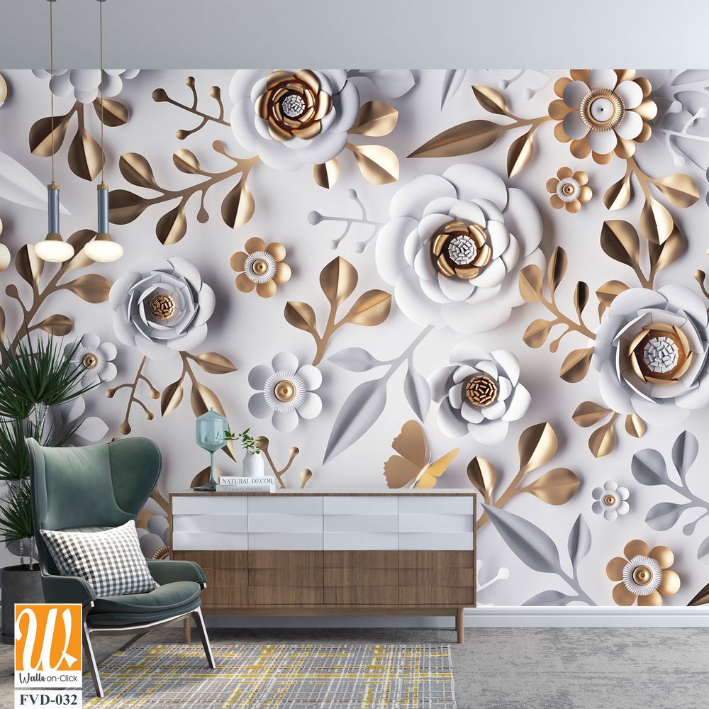 3D paper-cut style white and gold floral wall mural [WP-FVD-032]