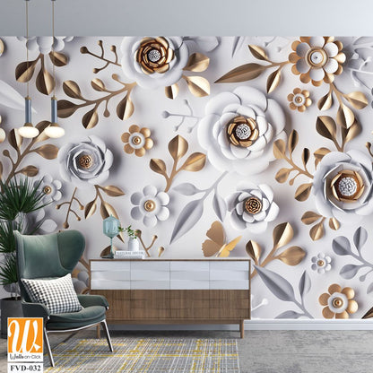 3D paper-cut style white and gold floral wall mural [WP-FVD-032]