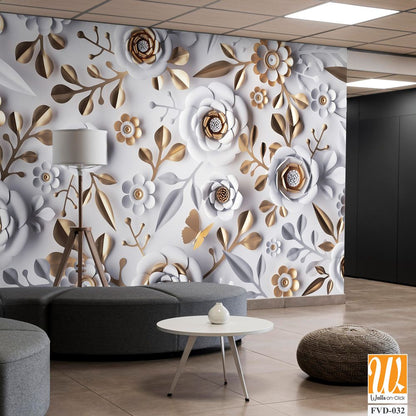 3D paper-cut style white and gold floral wall mural [WP-FVD-032]