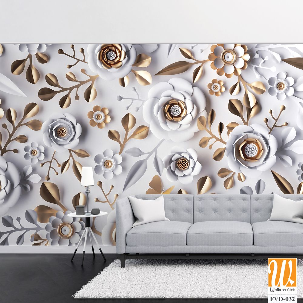 3D paper-cut style white and gold floral wall mural [WP-FVD-032]