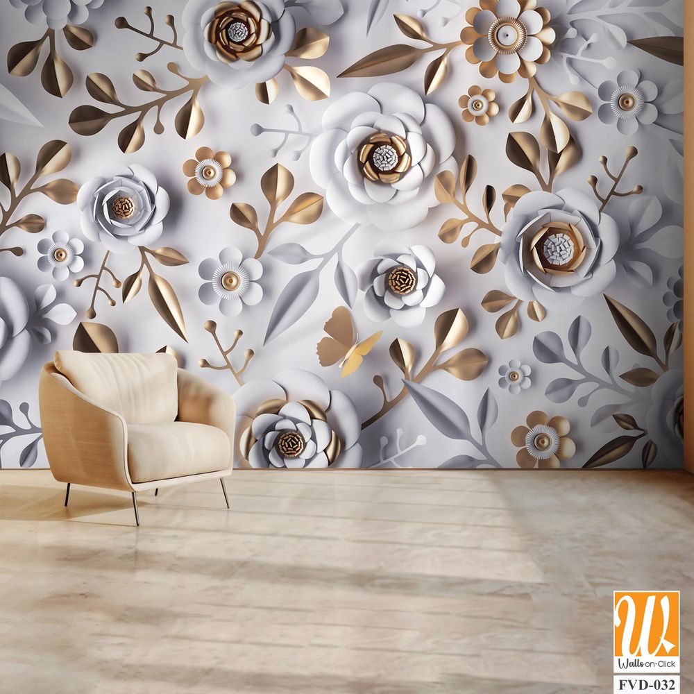 3D paper-cut style white and gold floral wall mural [WP-FVD-032]