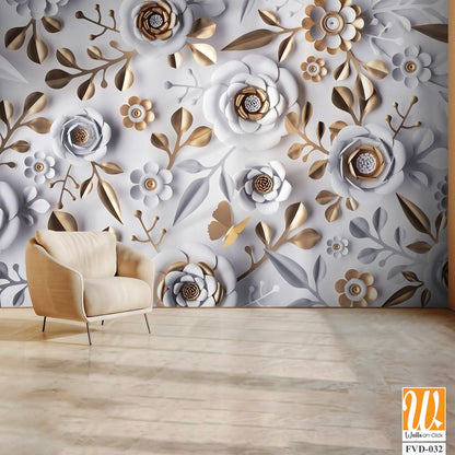 3D paper-cut style white and gold floral wall mural [WP-FVD-032]