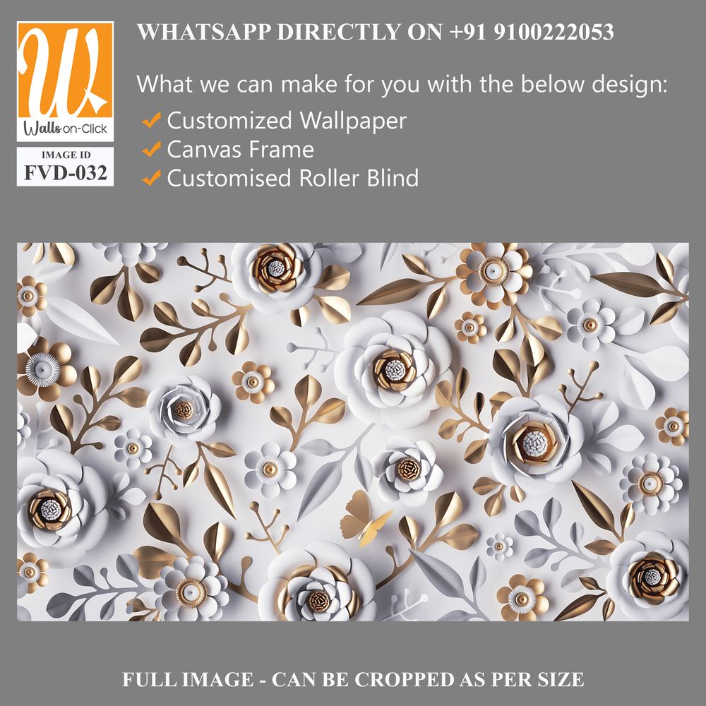 3D paper-cut style white and gold floral wall mural [WP-FVD-032]