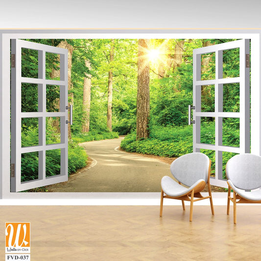 White open window with green forest and path Wallpaper [WP-FVD-037]