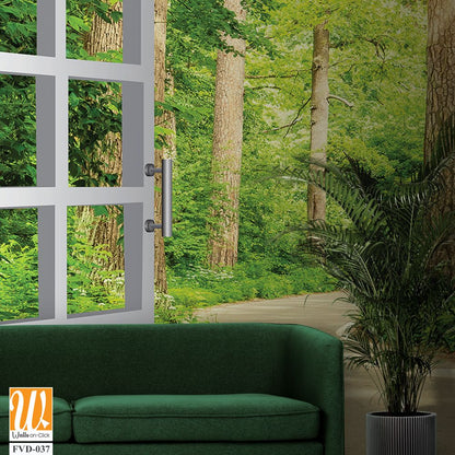 White open window with green forest and path Wallpaper [WP-FVD-037]