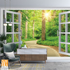 White open window with green forest and path Wallpaper [WP-FVD-037]