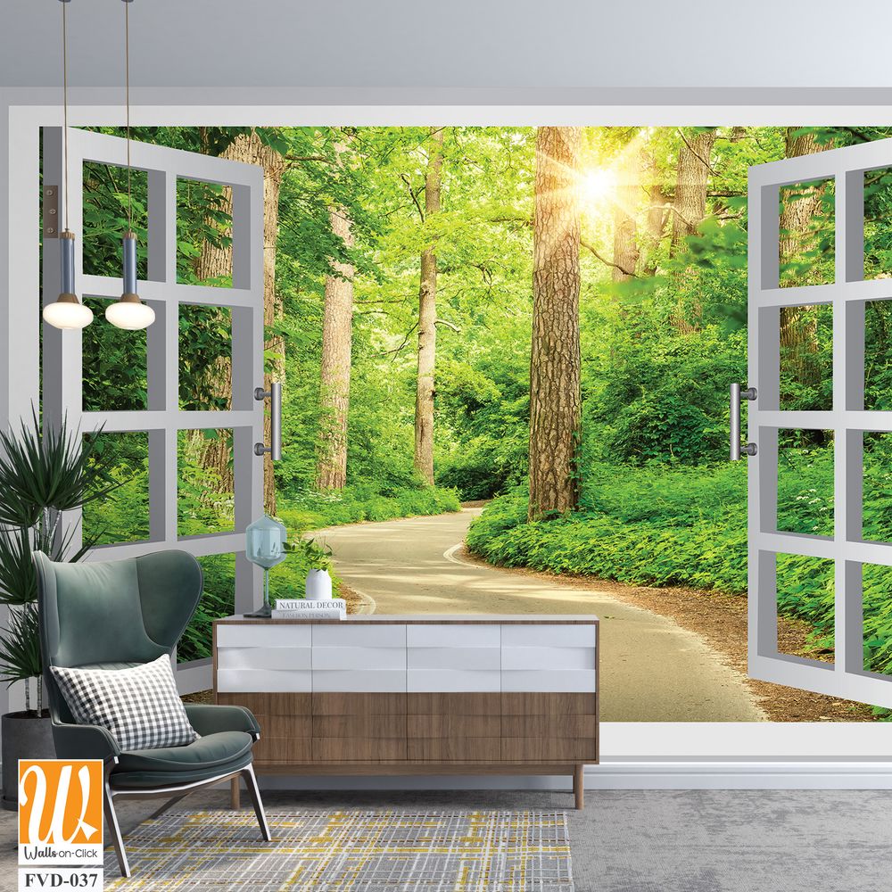 White open window with green forest and path Wallpaper [WP-FVD-037]