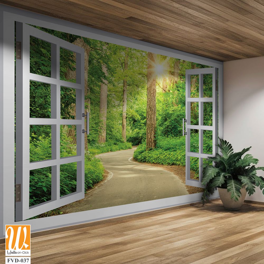 White open window with green forest and path Wallpaper [WP-FVD-037]