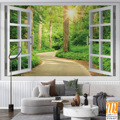 White open window with green forest and path Wallpaper [WP-FVD-037]