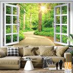 White open window with green forest and path Wallpaper [WP-FVD-037]