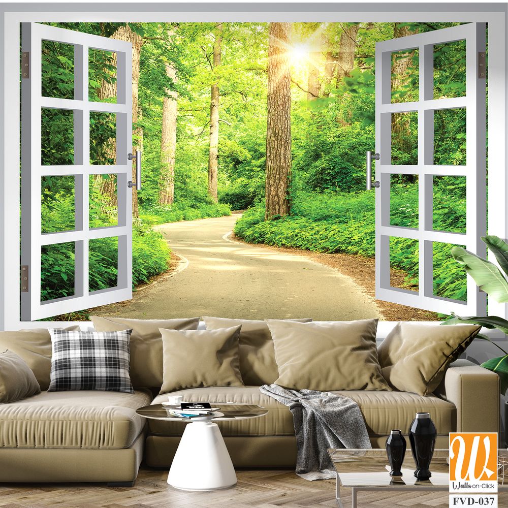 White open window with green forest and path Wallpaper [WP-FVD-037]