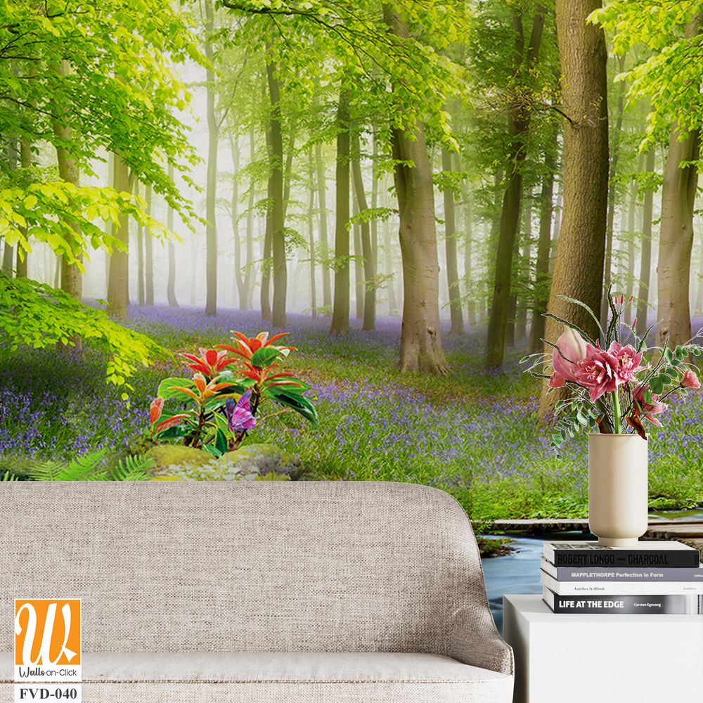 3D wallpaper, a beautiful forest with a peacock and deer [WP-FVD-040]