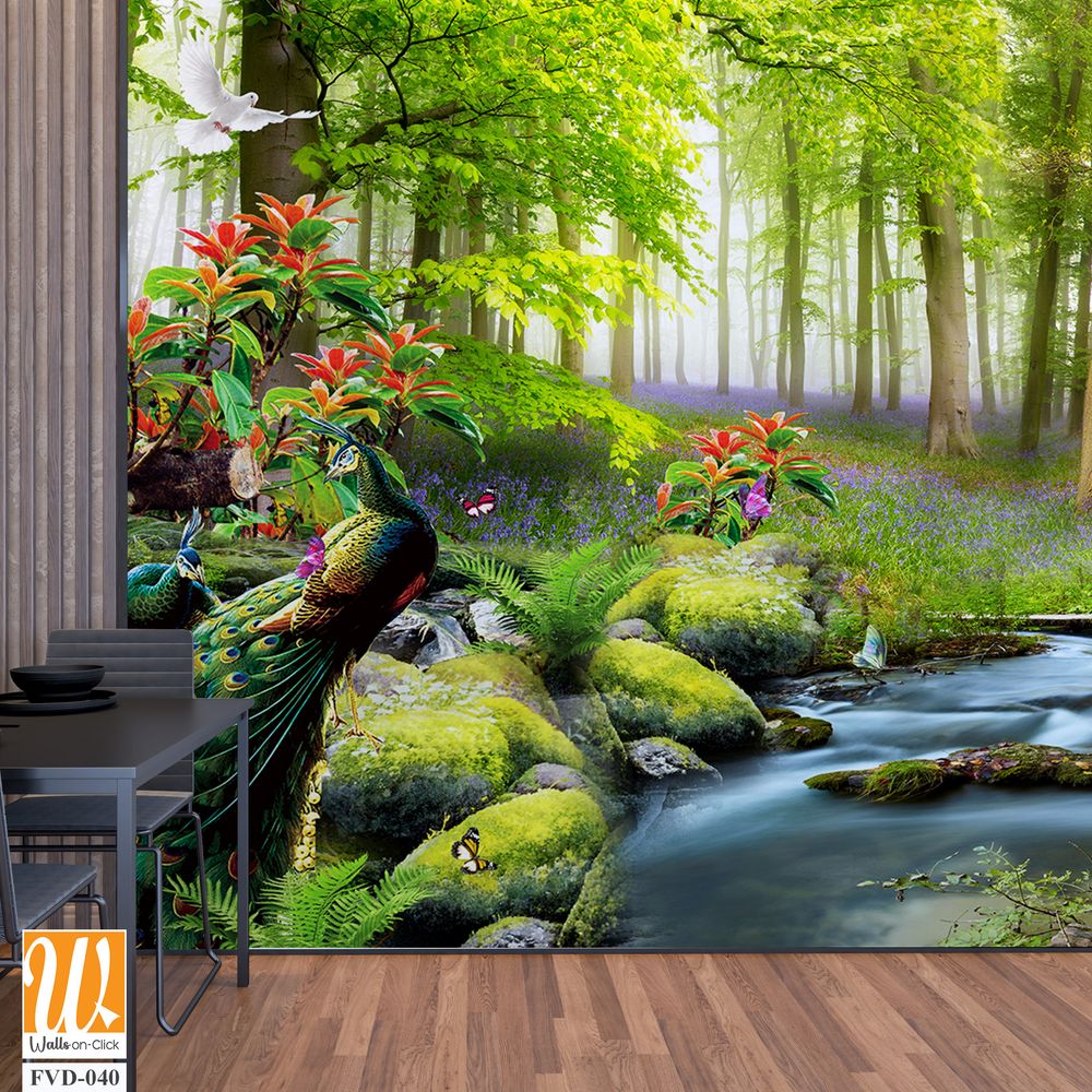 3D wallpaper, a beautiful forest with a peacock and deer [WP-FVD-040]