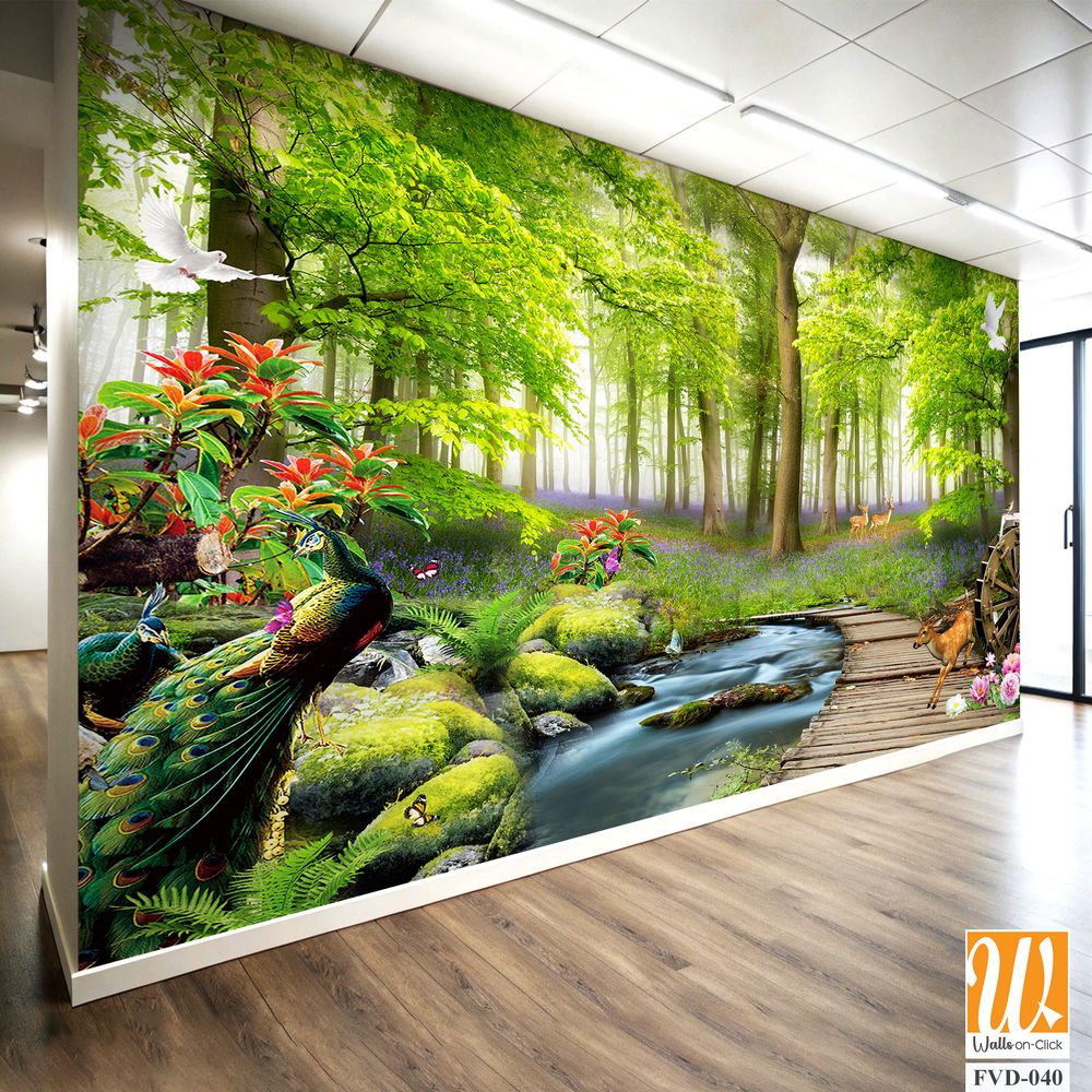 3D wallpaper, a beautiful forest with a peacock and deer [WP-FVD-040]