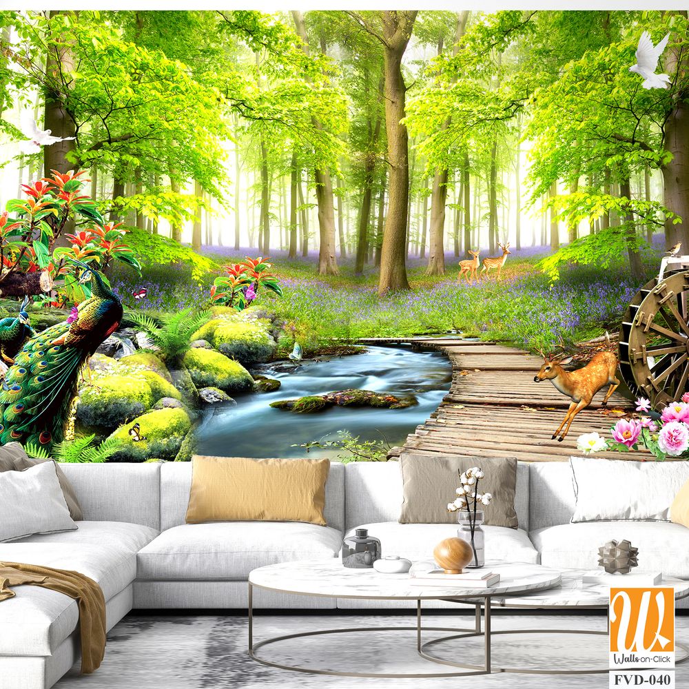 3D wallpaper, a beautiful forest with a peacock and deer [WP-FVD-040]