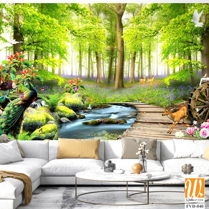 3D wallpaper, a beautiful forest with a peacock and deer [WP-FVD-040]