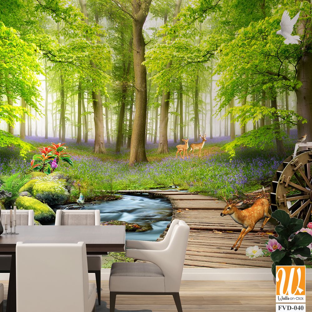 3D wallpaper, a beautiful forest with a peacock and deer [WP-FVD-040]