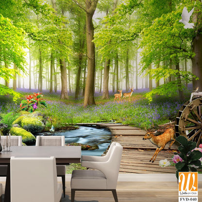 3D wallpaper, a beautiful forest with a peacock and deer [WP-FVD-040]