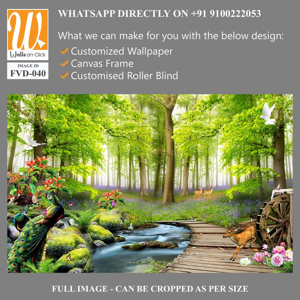 3D wallpaper, a beautiful forest with a peacock and deer [WP-FVD-040]
