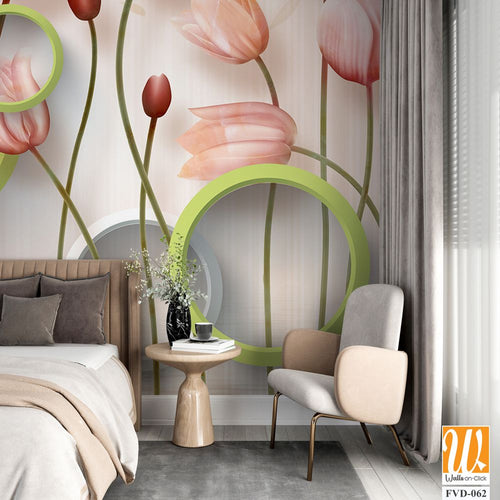 3D modern wallpaper, pink tulips and green circles [WP-FVD-062]