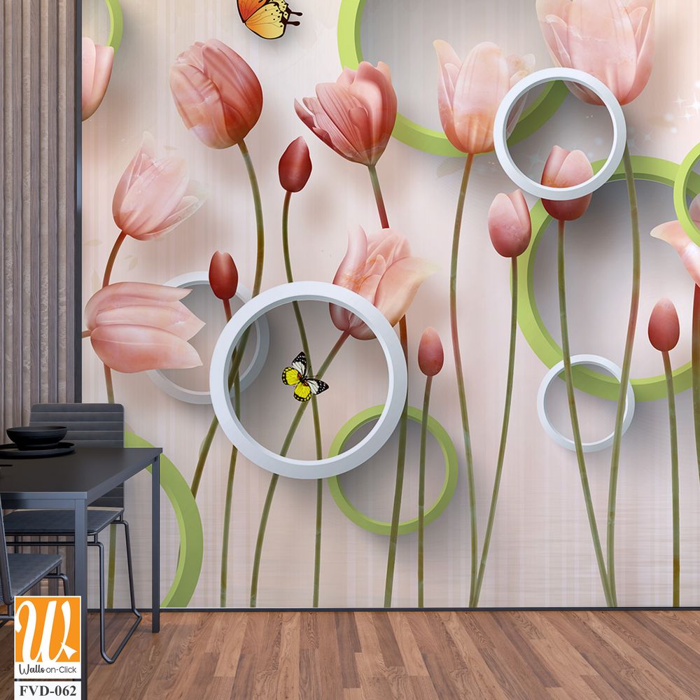 3D modern wallpaper, pink tulips and green circles [WP-FVD-062]