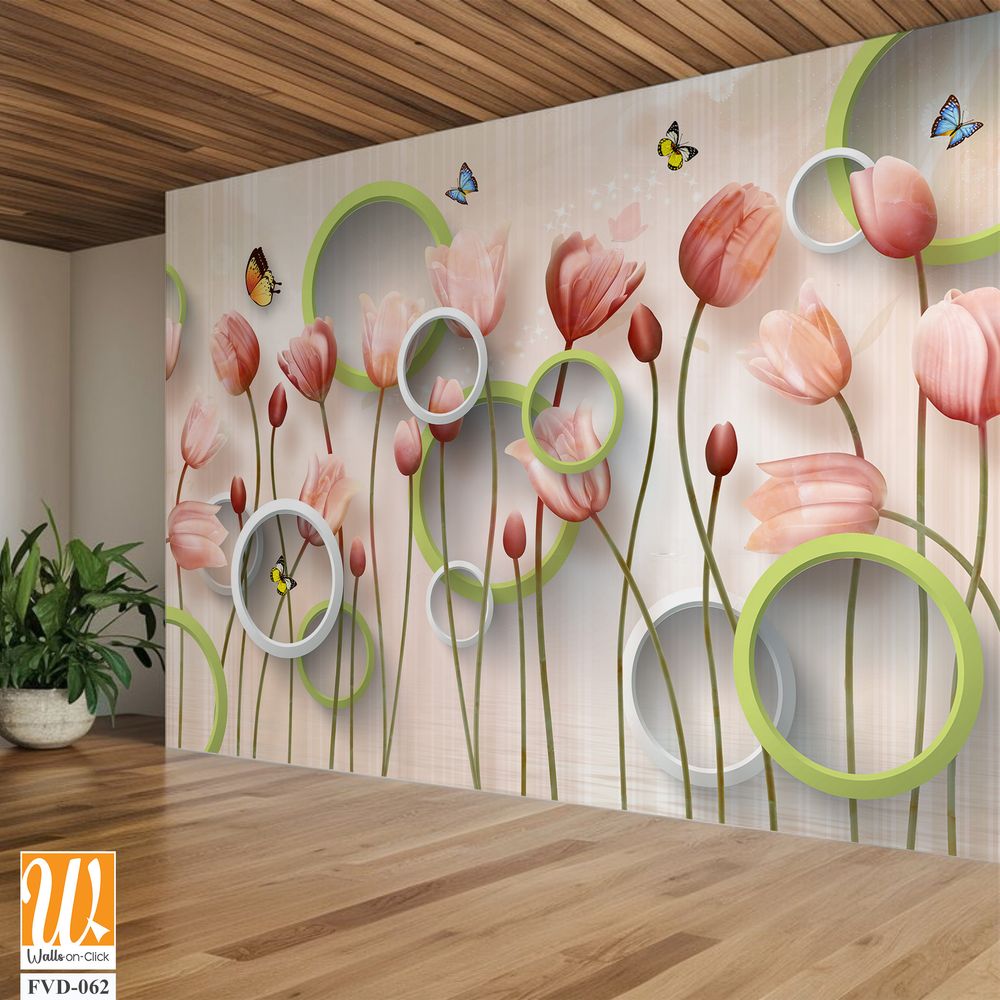 3D modern wallpaper, pink tulips and green circles [WP-FVD-062]