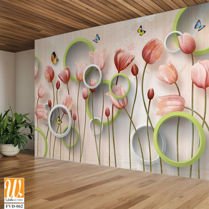 3D modern wallpaper, pink tulips and green circles [WP-FVD-062]