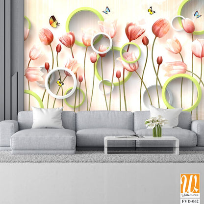 3D modern wallpaper, pink tulips and green circles [WP-FVD-062]