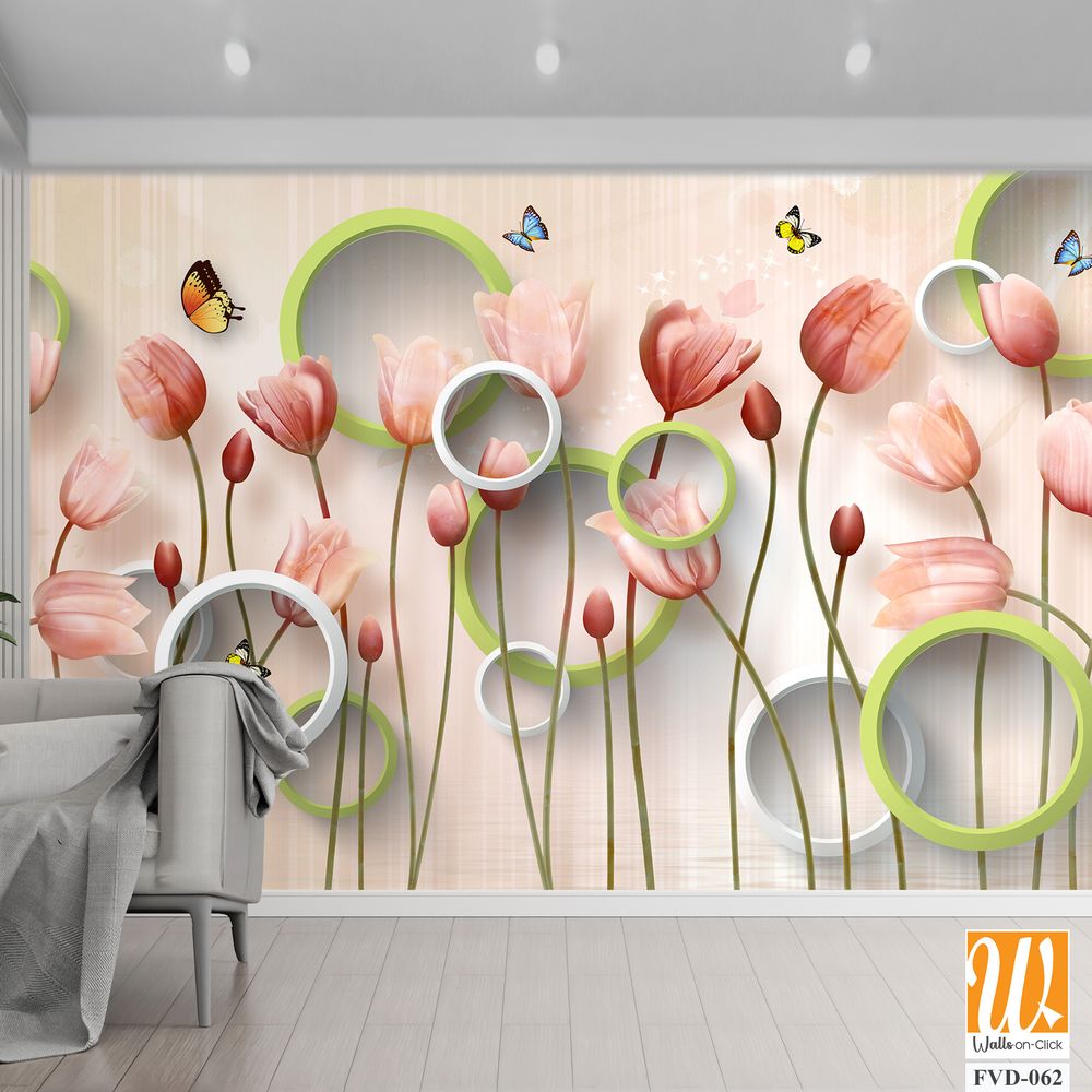 3D modern wallpaper, pink tulips and green circles [WP-FVD-062]