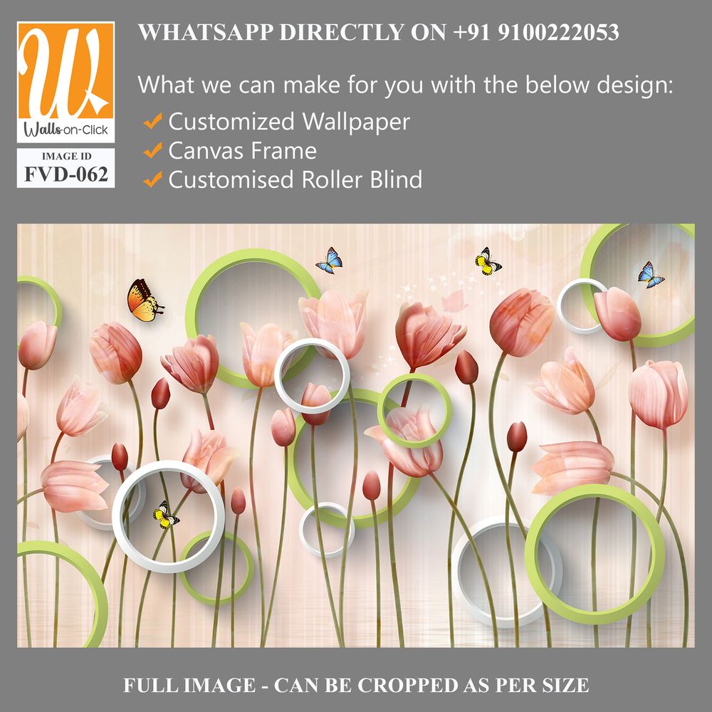 3D modern wallpaper, pink tulips and green circles [WP-FVD-062]