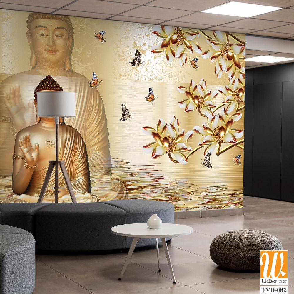 3D wallpaper featuring golden Buddha statue [WP-FVD-082]