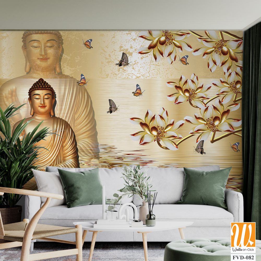 3D wallpaper featuring golden Buddha statue [WP-FVD-082]