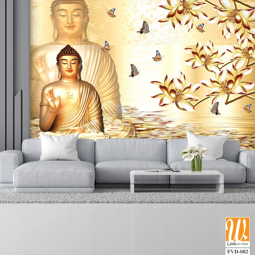 3D wallpaper featuring golden Buddha statue [WP-FVD-082]
