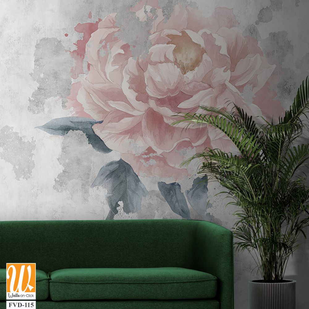 Watercolor peonies flowers painted on a concrete grunge wall. Photo wallpaper, wallpaper, mural, card, postcard design in the modern, loft style. [WP-FVD-115]