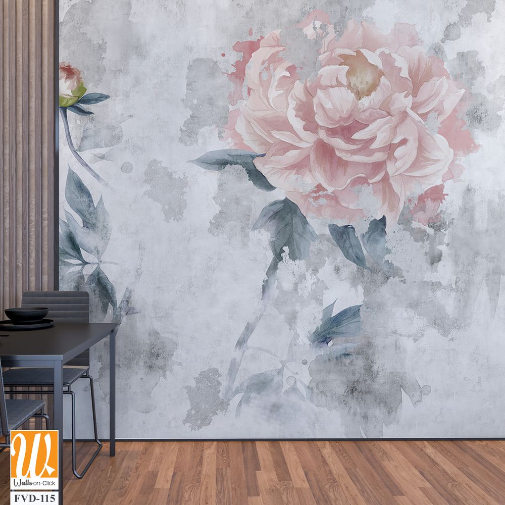 Watercolor peonies flowers painted on a concrete grunge wall. Photo wallpaper, wallpaper, mural, card, postcard design in the modern, loft style. [WP-FVD-115]