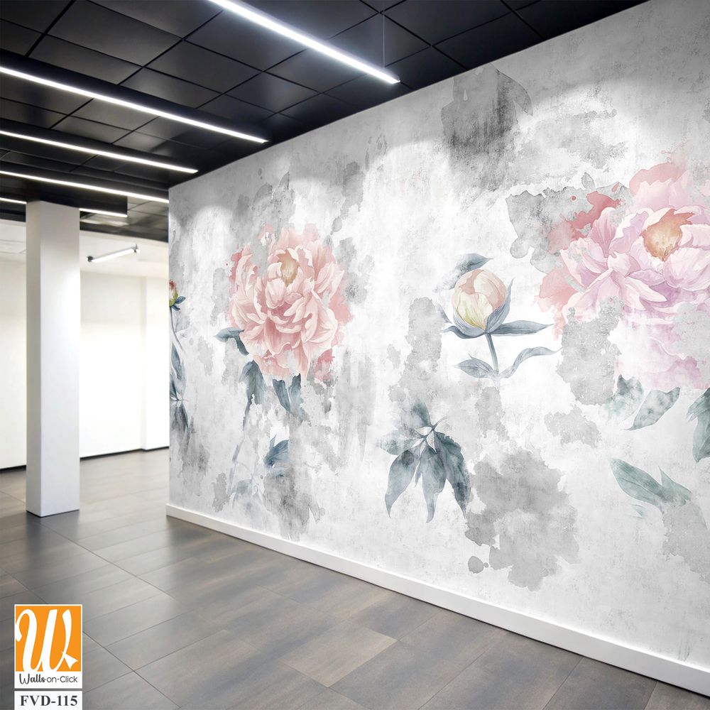 Watercolor peonies flowers painted on a concrete grunge wall. Photo wallpaper, wallpaper, mural, card, postcard design in the modern, loft style. [WP-FVD-115]