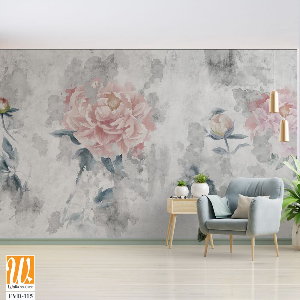 Watercolor peonies flowers painted on a concrete grunge wall. Photo wallpaper, wallpaper, mural, card, postcard design in the modern, loft style. [WP-FVD-115]