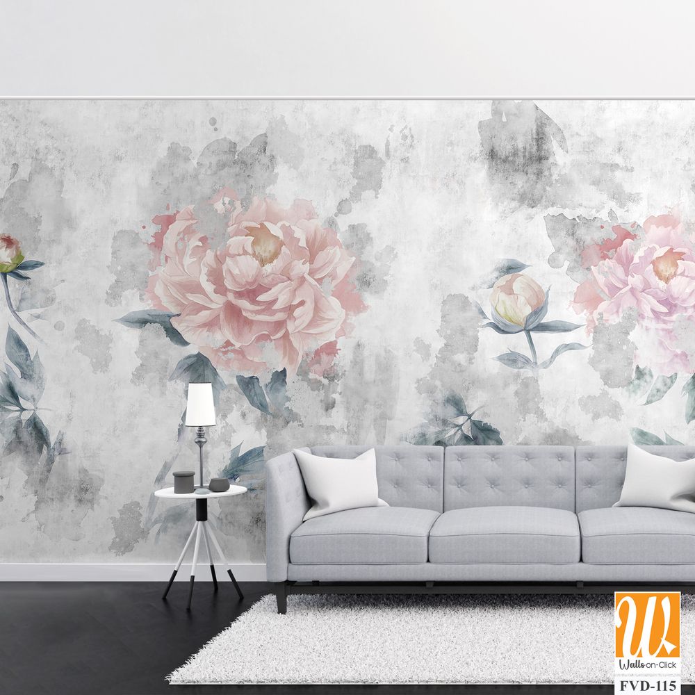 Watercolor peonies flowers painted on a concrete grunge wall. Photo wallpaper, wallpaper, mural, card, postcard design in the modern, loft style. [WP-FVD-115]