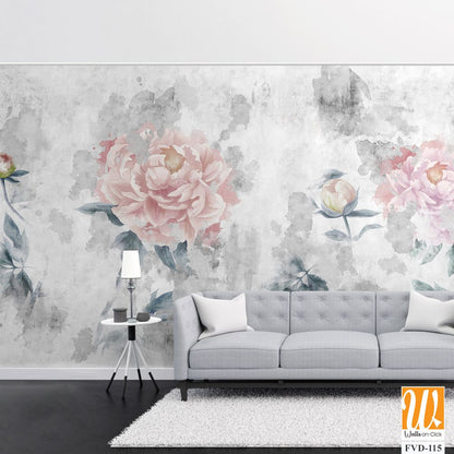 Watercolor peonies flowers painted on a concrete grunge wall. Photo wallpaper, wallpaper, mural, card, postcard design in the modern, loft style. [WP-FVD-115]