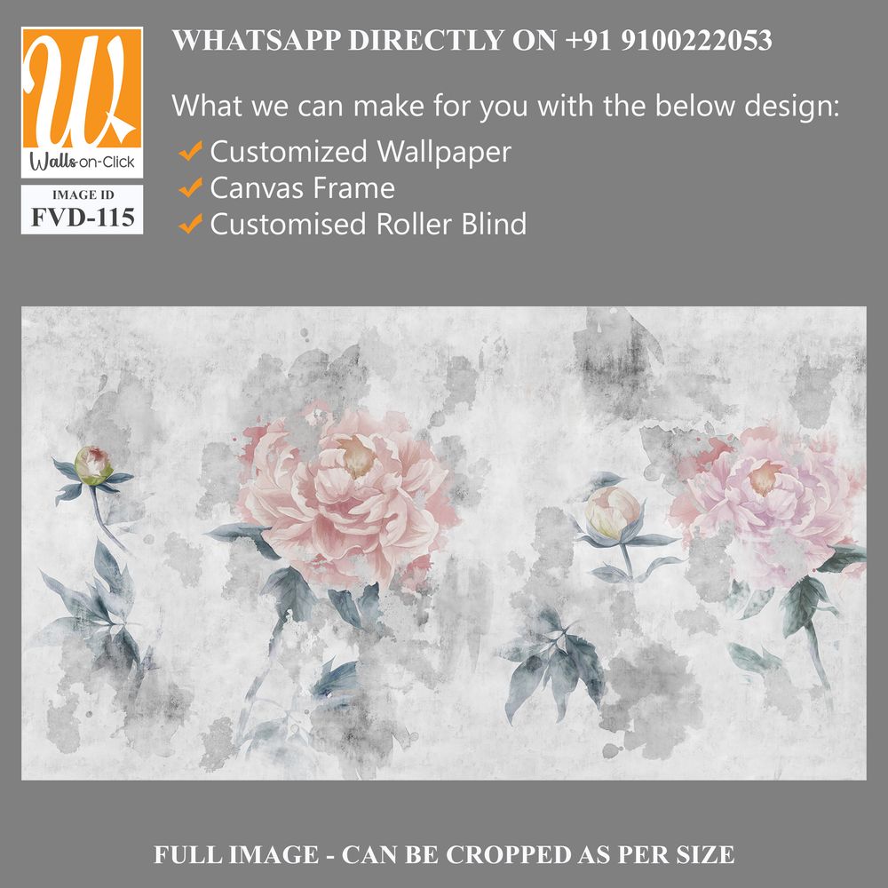 Watercolor peonies flowers painted on a concrete grunge wall. Photo wallpaper, wallpaper, mural, card, postcard design in the modern, loft style. [WP-FVD-115]