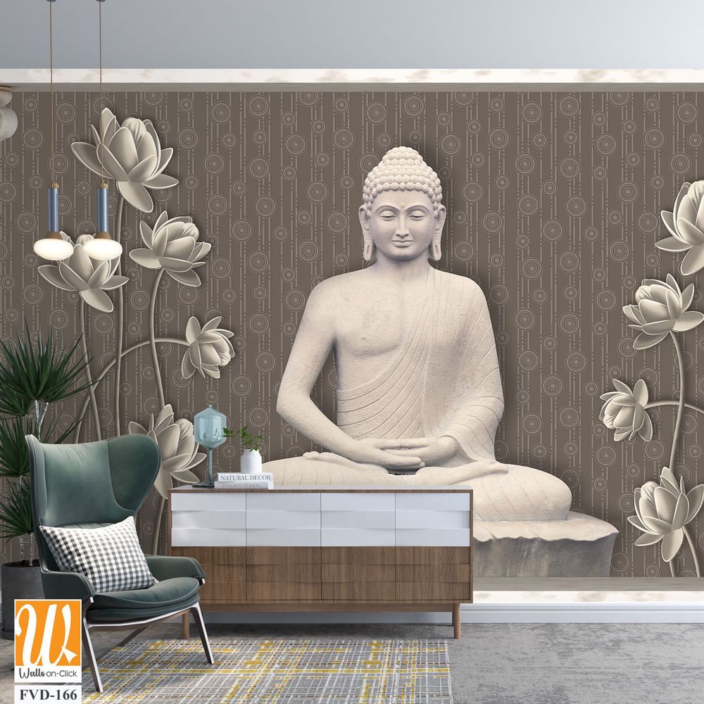3D wallpaper featuring a grey and white stone Buddha [WP-FVD-166]