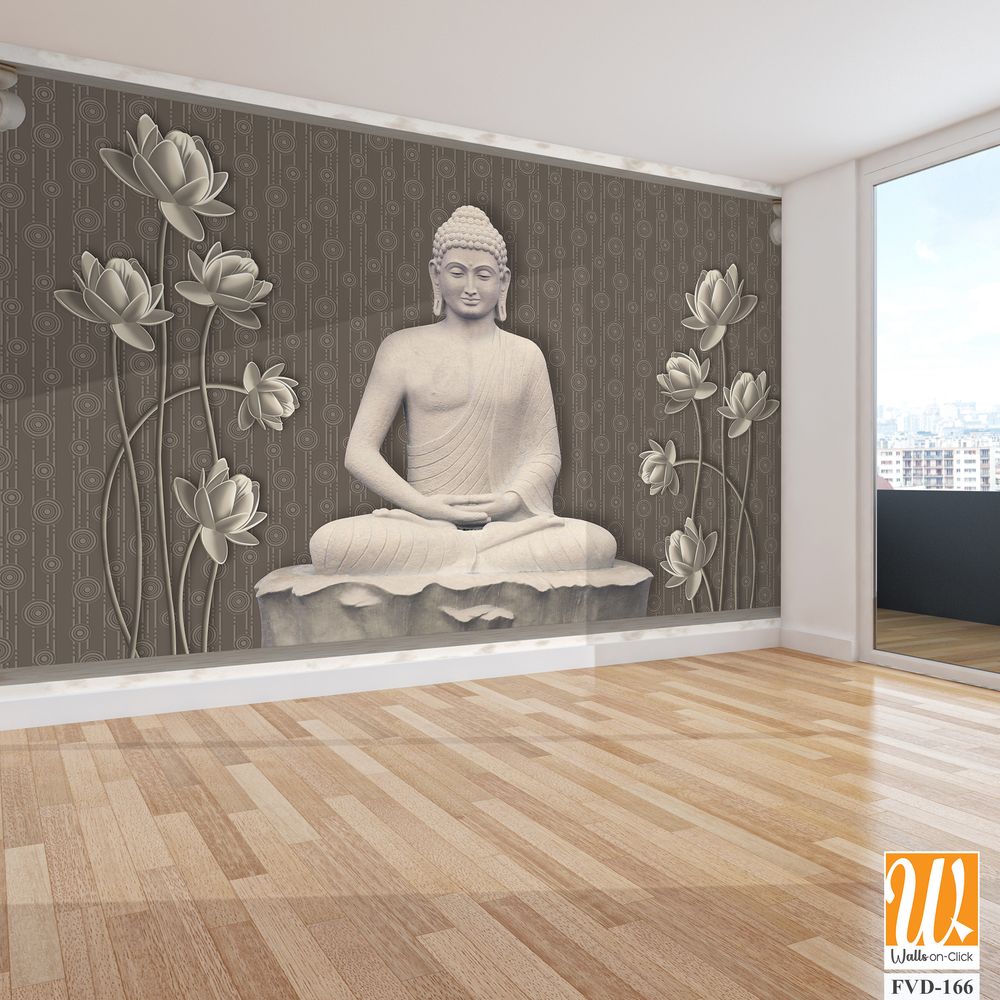 3D wallpaper featuring a grey and white stone Buddha [WP-FVD-166]